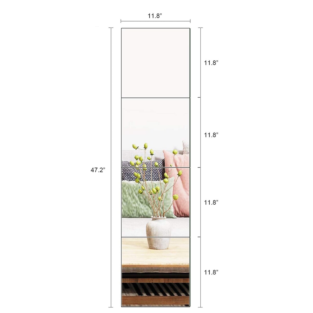 4 Pieces Full Length Wall Mirror Tiles, 12" x 12" Frameless Wall Mounted Mirror Glass Wall Mirror for Home Gym, Door, Bedroom, Living Room